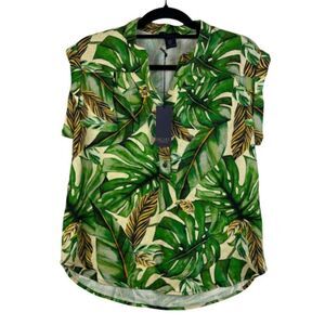 Rachel Roy Linen Blend Popover Top Womens XS Tropical Oversized Boxy Resort NWT